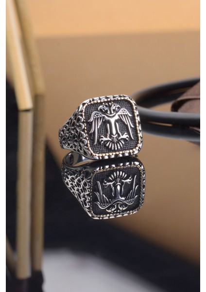 925 Ayar Gümüş Selçuklu Kartalı Işemeli Desenli Erkek Yüzük
