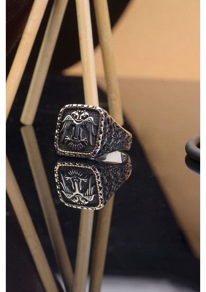 925 Ayar Gümüş Selçuklu Kartalı Işemeli Desenli Erkek Yüzük fırsatları