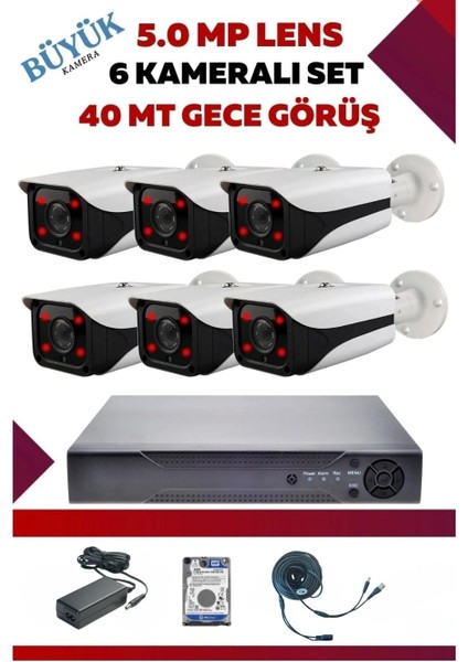 6 Kameralı Hd Büyük Kasa Set - 5mp Sony Lensli Full Hd Gece Görüşlü Güvenlik Kamerası Sistemi