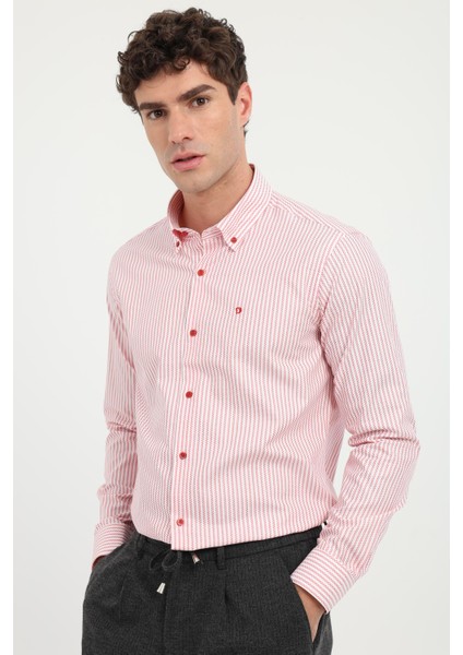 Kırmızı Erkek Slim Fit Desenli Brent Yaka Uzun Kol Gömlek