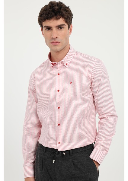 Kırmızı Erkek Slim Fit Desenli Brent Yaka Uzun Kol Gömlek modelleri