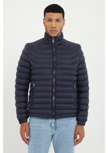 Lacivert Kapitone Slim Fit Erkek Mont