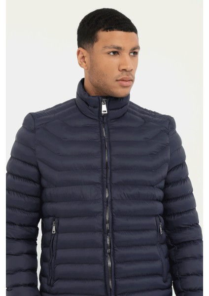 Lacivert Kapitone Slim Fit Erkek Mont