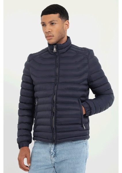 Lacivert Kapitone Slim Fit Erkek Mont