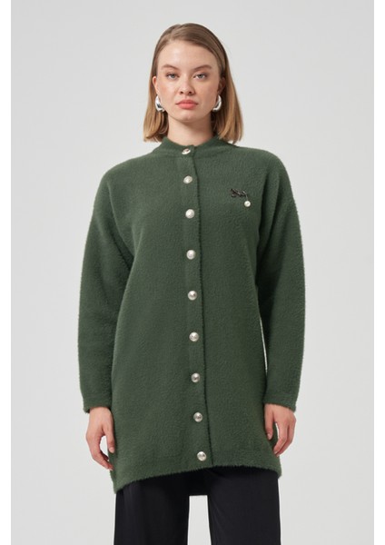 Düğme Detay Angora Hırka 7005 Haki