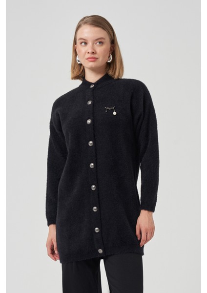 Düğme Detay Angora Hırka 7005 Siyah