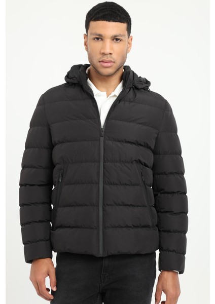 Siyah Slim Fit Şişme Kapüşonlu Erkek Mont fiyatları