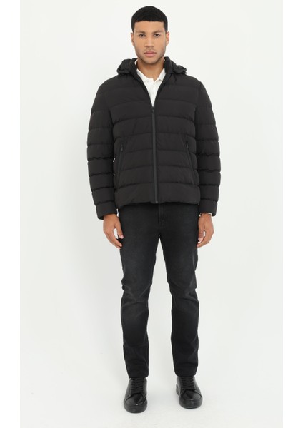 Siyah Slim Fit Şişme Kapüşonlu Erkek Mont modelleri