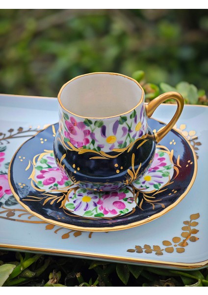 El Boyama Porselen Osmanlı Saray Kahve Fincanı-Siyah 1 Adet