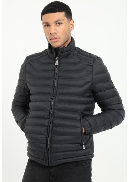 Siyah Kapitone Slim Fit Erkek Mont