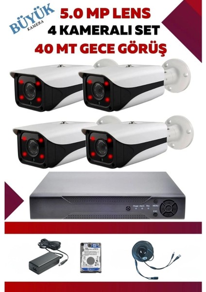 4 Kameralı Hd Büyük Kasa Set - 5mp Sony Lensli Full Hd Gece Görüşlü Güvenlik Kamerası Sistemi