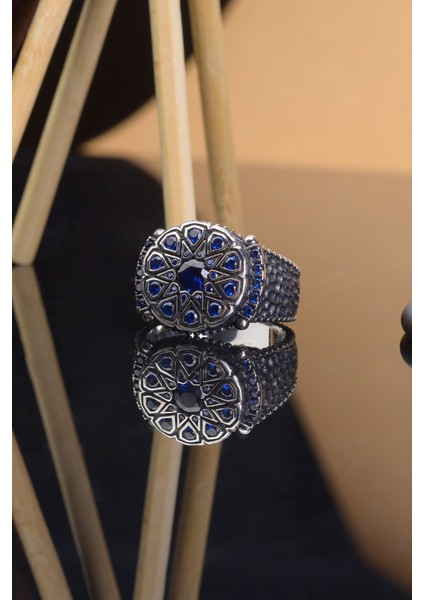 Mavi Damla Kesim Zirkon Taş Yanları Karbon Işemeli 925 Ayar Gümüş Erkek Yüzük fiyatları