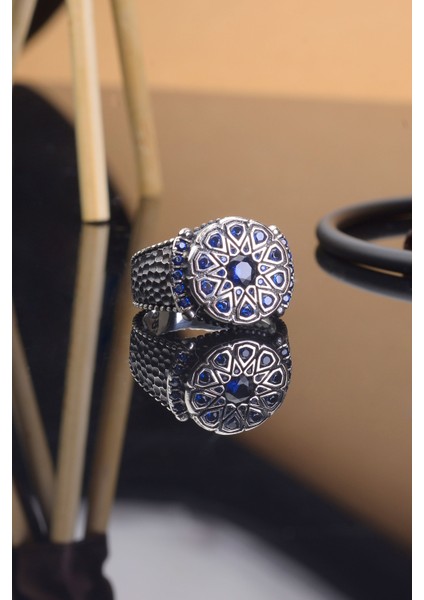 Mavi Damla Kesim Zirkon Taş Yanları Karbon Işemeli 925 Ayar Gümüş Erkek Yüzük modelleri