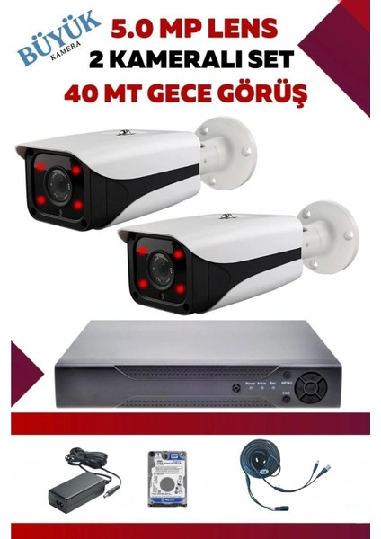2 Kameralı Hd Büyük Kasa Set - 5mp Sony Lensli Full Hd Gece Görüşlü Güvenlik Kamerası Sistemi