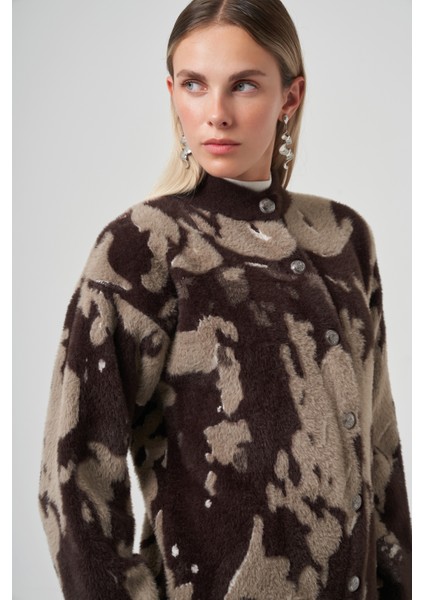 Desenli Düğme Detay Angora Hırka 7006 Kahve