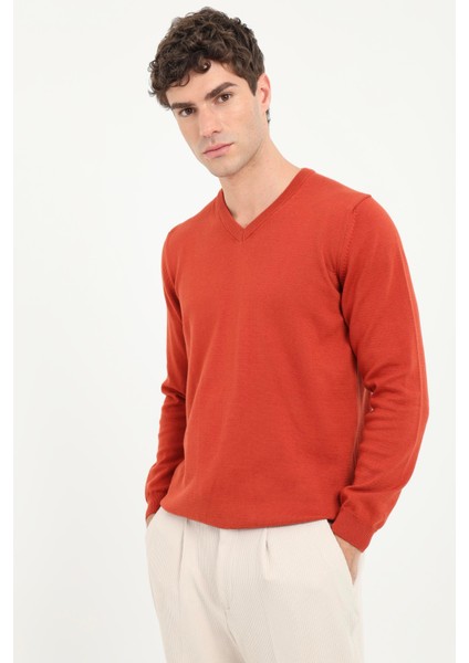 Kiremit V Yaka Regular Fit Erkek Triko