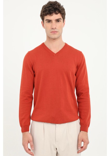 Kiremit V Yaka Regular Fit Erkek Triko modelleri