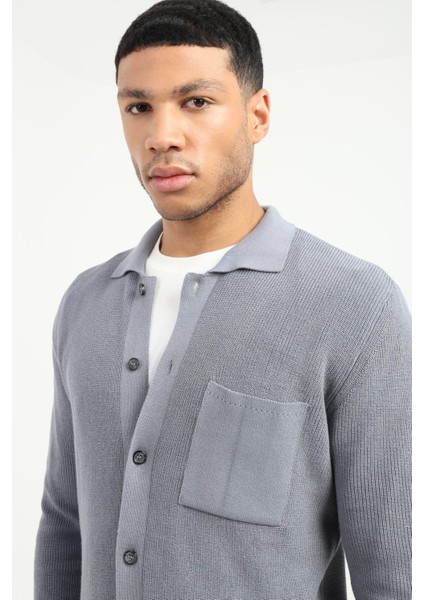 Gri Düğmeli Düz Regular Fit Erkek Triko Hırka