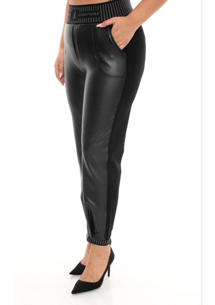 Büyük Beden Deri Görünümlü Mom Lastikli Yüksek Bel Paça Detaylı Örme Kadın Pantolon