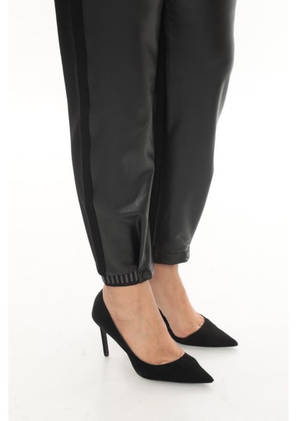 Büyük Beden Deri Görünümlü Mom Lastikli Yüksek Bel Paça Detaylı Örme Kadın Pantolon fiyatları