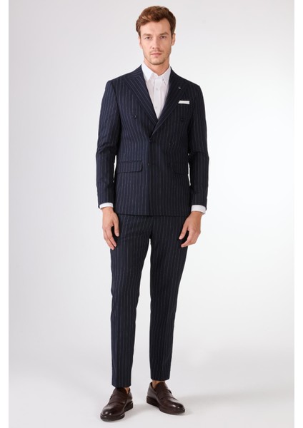 Lacivert Çizgili Kruvaze Slim Fit Takım Elbise