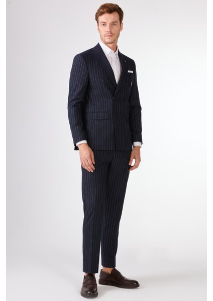 Lacivert Çizgili Kruvaze Slim Fit Takım Elbise modelleri