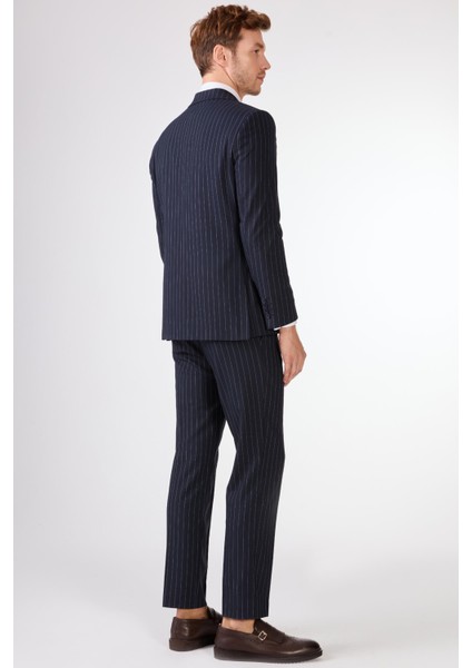 Lacivert Çizgili Kruvaze Slim Fit Takım Elbise fırsatları