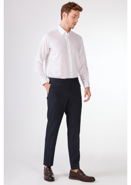 Lacivert Çizgili Kruvaze Slim Fit Takım Elbise