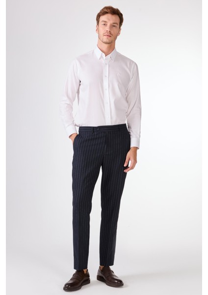 Lacivert Çizgili Kruvaze Slim Fit Takım Elbise