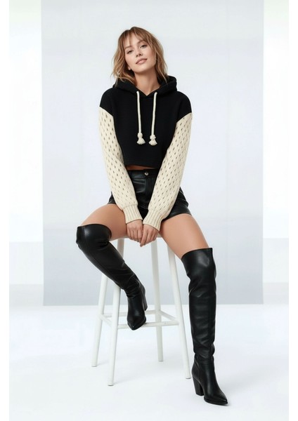 Kadın Kolları Triko File Örgü Şık Tasarım Crop Boy Kapüşonlu Sweatshirt Kazak