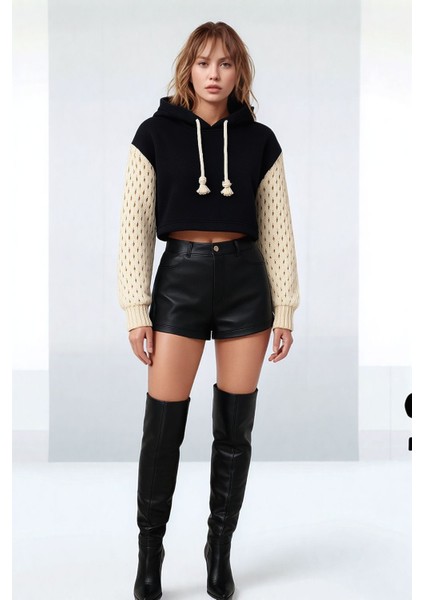 Kadın Kolları Triko File Örgü Şık Tasarım Crop Boy Kapüşonlu Sweatshirt Kazak fiyatları