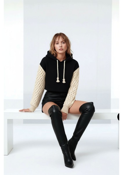 Kadın Kolları Triko File Örgü Şık Tasarım Crop Boy Kapüşonlu Sweatshirt Kazak modelleri