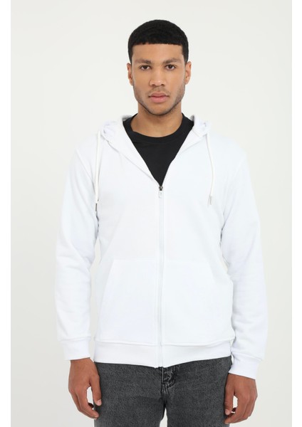 Beyaz Fermuar Kapamalı Kapüşonlu Erkek Regular Fit Sweatshirt