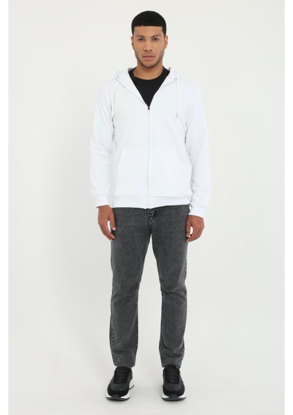Beyaz Fermuar Kapamalı Kapüşonlu Erkek Regular Fit Sweatshirt modelleri