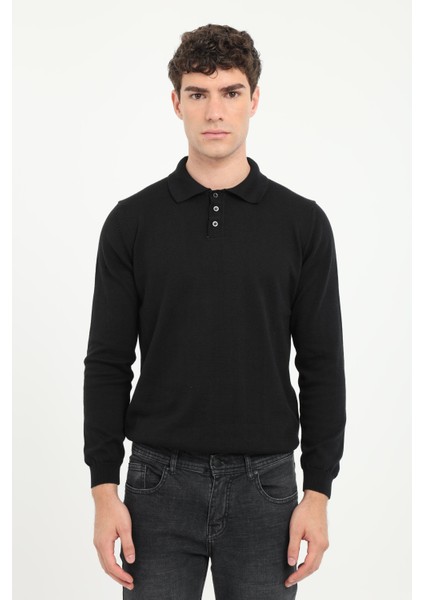 Siyah Polo Yaka Uzun Kol Regular Fit Erkek Triko