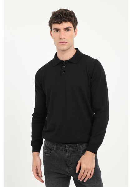 Siyah Polo Yaka Uzun Kol Regular Fit Erkek Triko modelleri