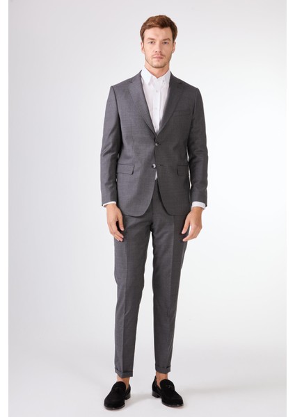 Gri Düz Renk Yünlü Slim Fit Erkek Takım Elbise