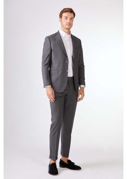 Gri Düz Renk Yünlü Slim Fit Erkek Takım Elbise modelleri