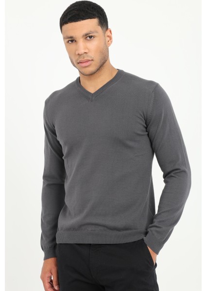 Antrasit V Yaka Regular Fit Erkek Triko