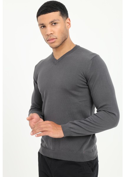 Antrasit V Yaka Regular Fit Erkek Triko modelleri