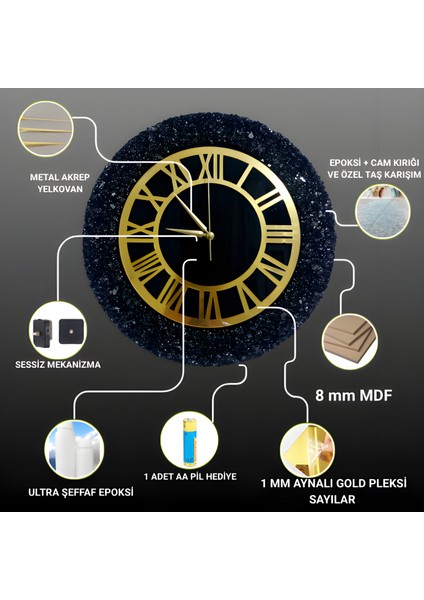 Duvar Saati - 35CM - Gold Siyah - Modern Dekoratif Duvar Saati - Epoksi Duvar Saati - El Yapımı Duvar Saati