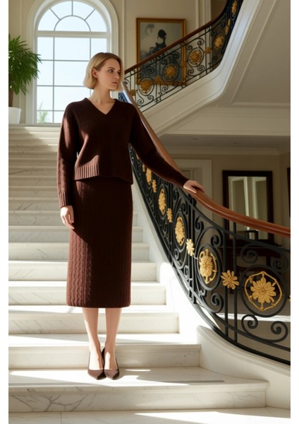 Kadın Alt Üst Oversize Saç Örgü Desenli Triko Kazak ve Midi Etek Ikili Takım Kış Sezonu Rahatlığı