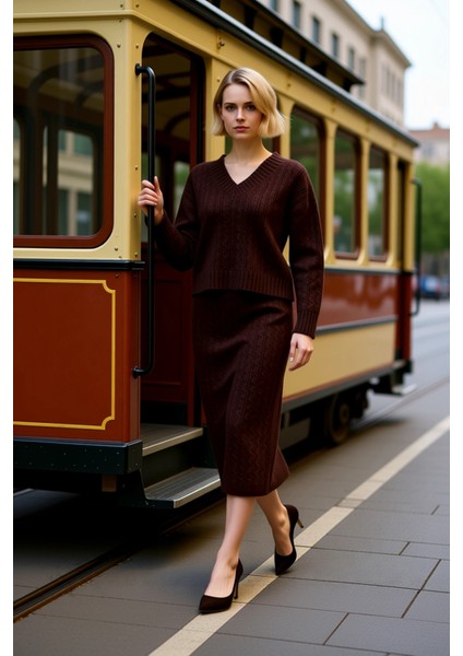 Kadın Alt Üst Oversize Saç Örgü Desenli Triko Kazak ve Midi Etek Ikili Takım Kış Sezonu Rahatlığı modelleri