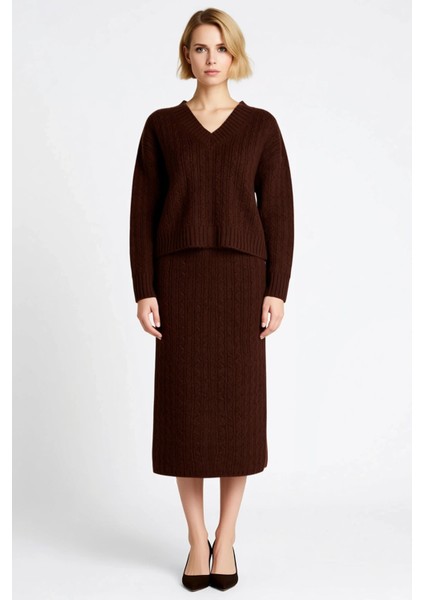 Kadın Alt Üst Oversize Saç Örgü Desenli Triko Kazak ve Midi Etek Ikili Takım Kış Sezonu Rahatlığı fırsatları