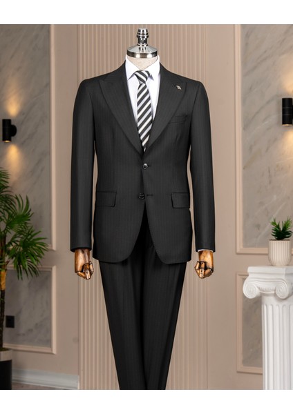 Italyan Stil Slim Fit Sivri Yaka Ceket Pantolon Takım Elbise Siyah T14758