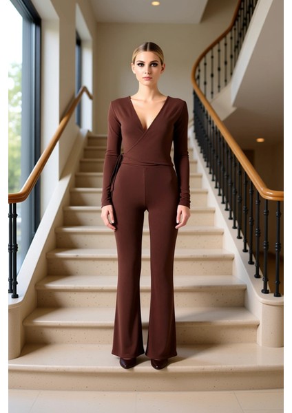 Kadın Alt Üst Melanj Örme Kruvaze Uzun Kollu Crop Üst ve Geniş Paça Rahat Kesim Pantolon Takımı Şık