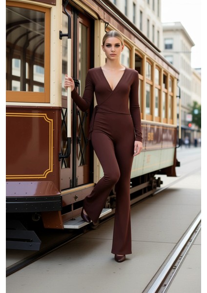 Kadın Alt Üst Melanj Örme Kruvaze Uzun Kollu Crop Üst ve Geniş Paça Rahat Kesim Pantolon Takımı Şık modelleri