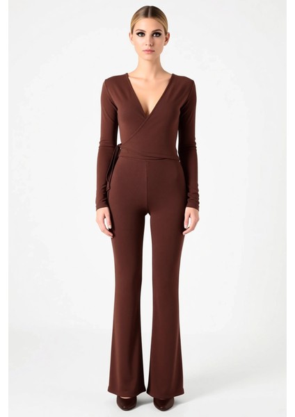 Kadın Alt Üst Melanj Örme Kruvaze Uzun Kollu Crop Üst ve Geniş Paça Rahat Kesim Pantolon Takımı Şık fırsatları