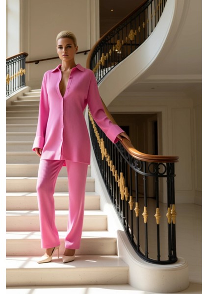 Kadın Alt Üst Rahat Kesim Düşük Kol Polo Yaka Triko Gömlek Yüksek Bel Geniş Paça Pantolon Takımı