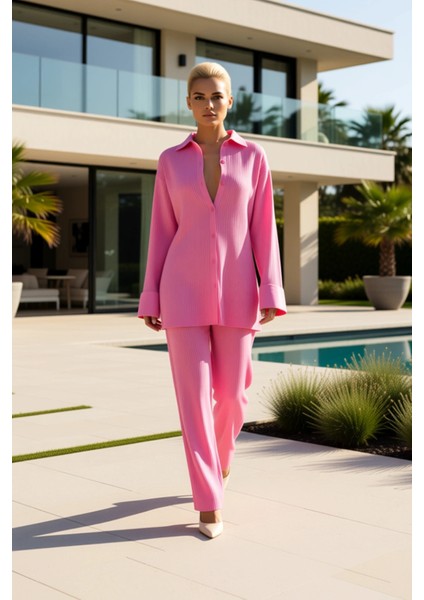 Kadın Alt Üst Rahat Kesim Düşük Kol Polo Yaka Triko Gömlek Yüksek Bel Geniş Paça Pantolon Takımı fiyatları